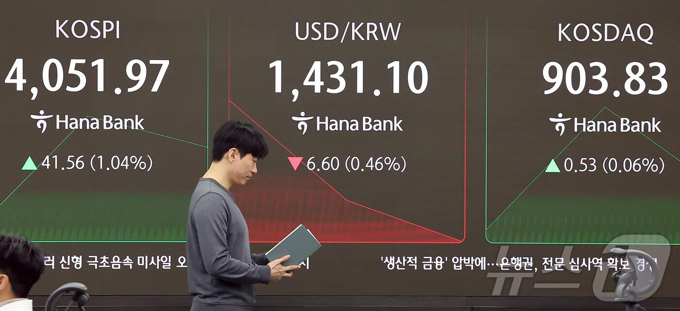 29일 오전 서울 중구 하나은행 딜링룸 전광판에 개장 시황이 나오고 있다. 이날 코스피지수는 전 거래일&#40;4010.41&#41;보다 41.56포인트&#40;1.04%&#41; 오른 4051.97을, 코스닥은 전 거래일 대비 0.53포인트&#40;0.06%&#41; 오른 903.83을 나타내고 있다. 서울 외환시장에서 원·달러 환율은 장 초반 전 거래일 대비 6.60원&#40;0.46%&#41; 내린 1431.10원을 나타냈다. 2025.10.29/뉴스1 ⓒ News1 김진환 기자