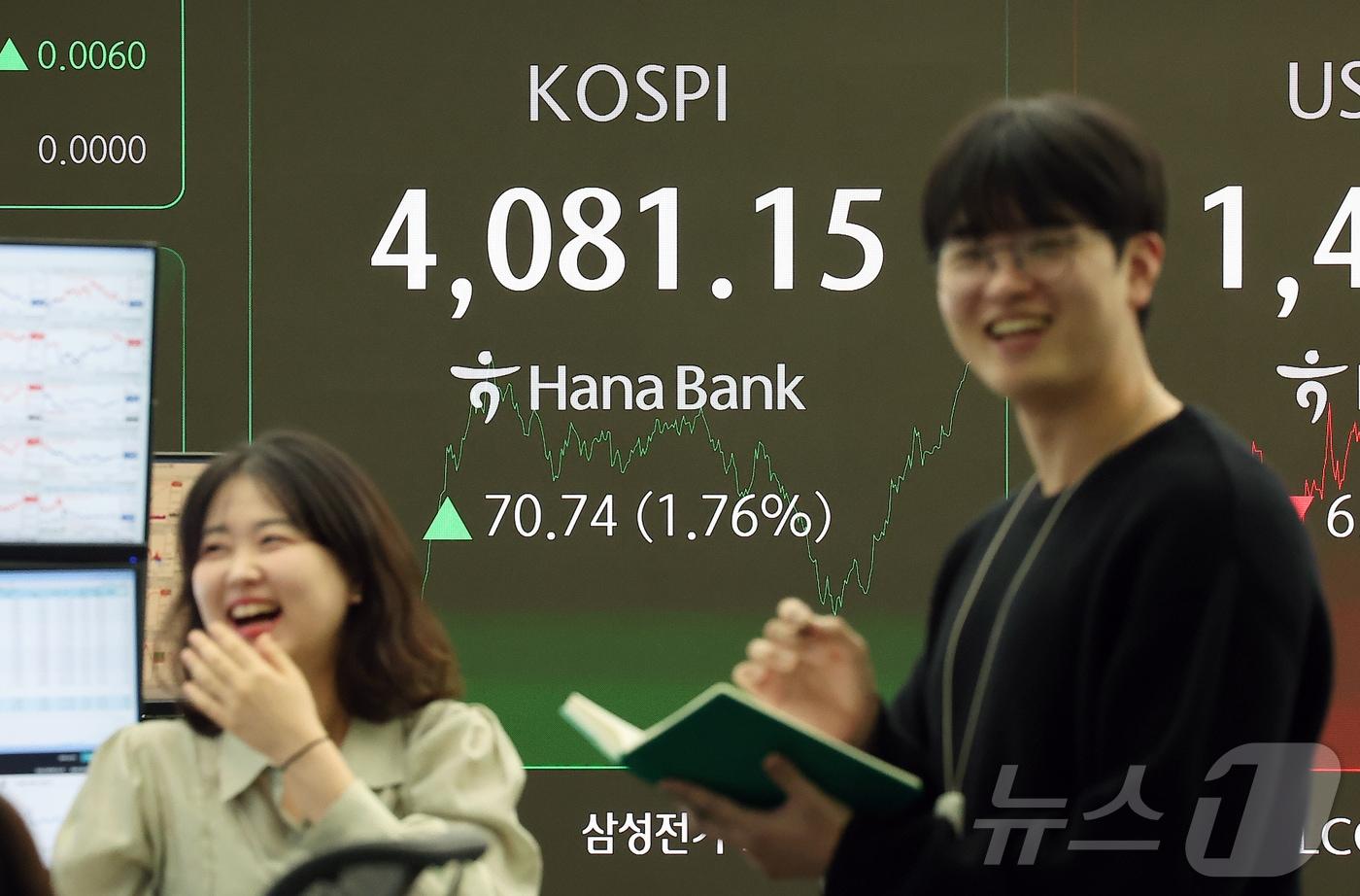 코스피 지수가 4080선을 돌파하며 종가 기준 최고치를 경신한 29일 오후 오후 서울 중구 하나은행 본점 딜링룸 전광판에 종가가 표시되고 있다. 이날 코스피는 전 거래일 대비 70.74포인트(1.76%) 상승한 4081.15로 장을 마쳤다. 2025.10.29/뉴스1 ⓒ News1 김진환 기자