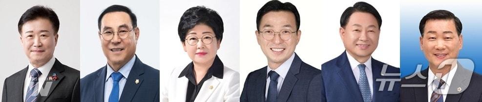 본문 이미지 - 제9회 전국동시지방선거 여수시장 선거 출마 후보군&#40;왼쪽부터 정기명&#40;63&#41; 여수시장, 김영규&#40;68&#41; 전 여수시의회 의장, 백인숙&#40;65&#41; 여수시의회 의장, 서영학&#40;55&#41; 여수기본사회 상임대표, 한문선&#40;60&#41; 여수상공회의소 회장, 이광일&#40;60&#41; 전남도의회 부의장&#41;