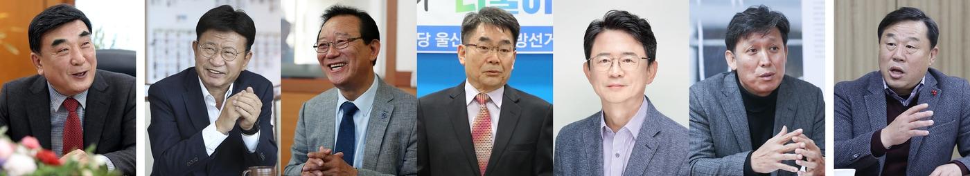 제9회 전국동시지방선거 울산시장 후보군. 국민의힘 김두겸 울산시장&#40;왼쪽부터&#41;, 더불어민주당 이선호 대통령실 자치발전비서관·송철호 전 울산시장·성인수 울산대 명예교수·안재현 전 노무현재단 울산지역위원회 상임대표·김영문 전 관세청장, 진보당 김종훈 동구청장. /뉴스1