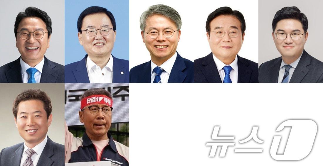 본문 이미지 - 내년 6.3지방선거 광주시장 후보군. 위 왼쪽부터 더불어민주당 강기정 광주시장, 문인 광주 북구청장, 민형배 광주 광산을 국회의원, 이병훈 호남발전특위 수석부위원장, 정준호 광주 북구갑 국회의원, 왼쪽 아래 국민의힘 안태욱 광주시당위원장, 진보당 이종욱 민주노총 광주본부장./뉴스1 2025.10.3/뉴스1 
