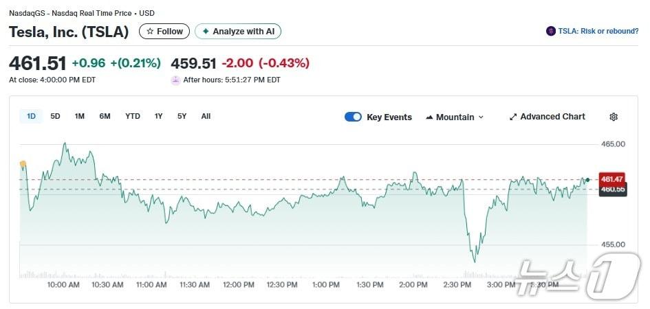 본문 이미지 - 테슬라 일일 주가추이 - 야후 파이낸스 갈무리