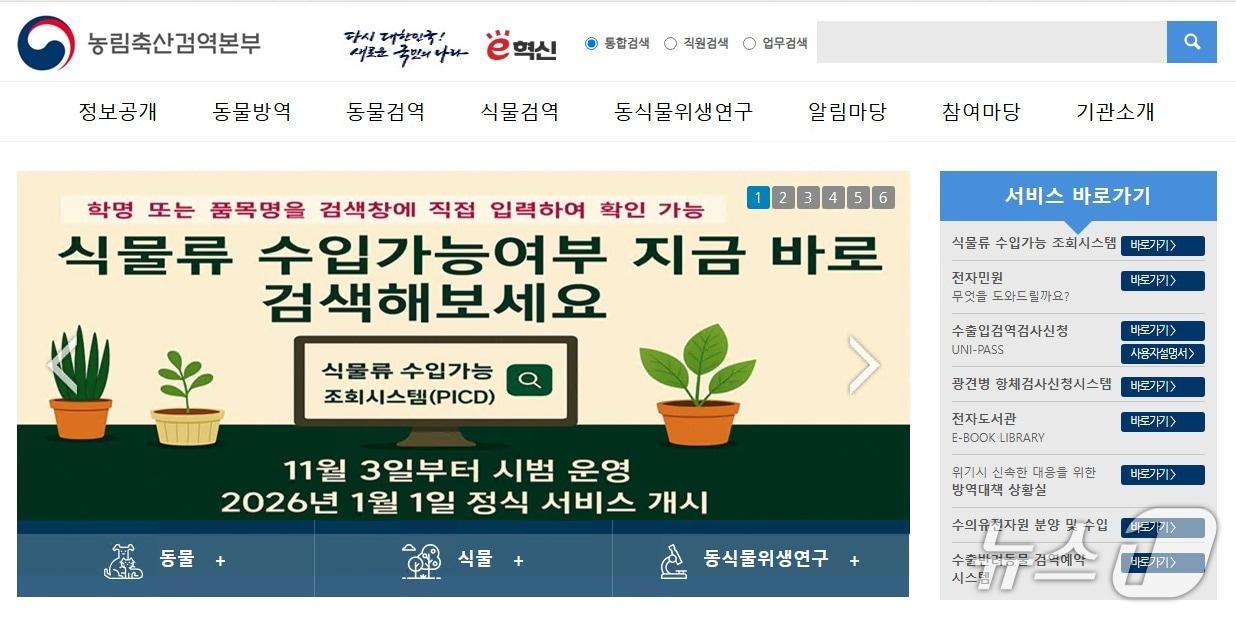 본문 이미지 - 식물류 수입가능 조회시스템 홈페이지 갈무리. (검역본부 제공)