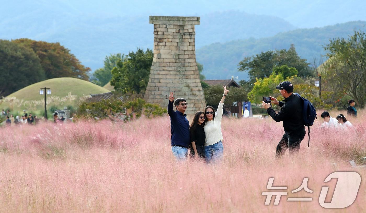 본문 이미지 - 초겨울 추위가 물러가고 평년기온을 회복한 30일 오후 내외국인 관광객이 경주 첨성대 주변에 곱게 물든 핑크뮬리와 첨성대를 배경으로 기념촬영을 하고 있다. 2025.10.30 ⓒ 뉴스1 공정식 기자