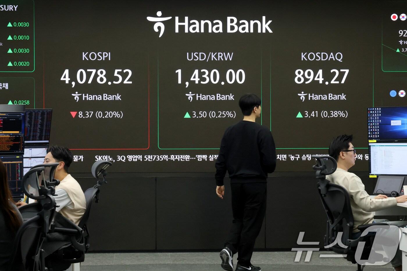 사상 최고치를 찍었던 코스피가 하락 출발한 31일 오전 서울 중구 하나은행 본점 딜링룸 현황판에 개장 시황이 나오고 있다. ⓒ News1 이광호 기자