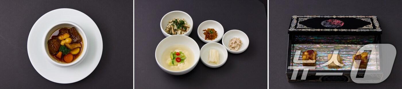 31일 경북 경주에서 열린 APEC 정상회의 환영 만찬 메뉴. 왼쪽부터 완도산 전복과 조랭이떡을 곁들인 경주 천년 한우 갈비찜, 경주 곤달비나물 비빔밥과 경주콩 순두부탕과 3종 반찬, 구운 잣 파이와 된장 캐러멜 인절미. (대통령실 제공. 재판매 및 DB 금지) 2025.10.31/뉴스1 ⓒ News1 허경 기자