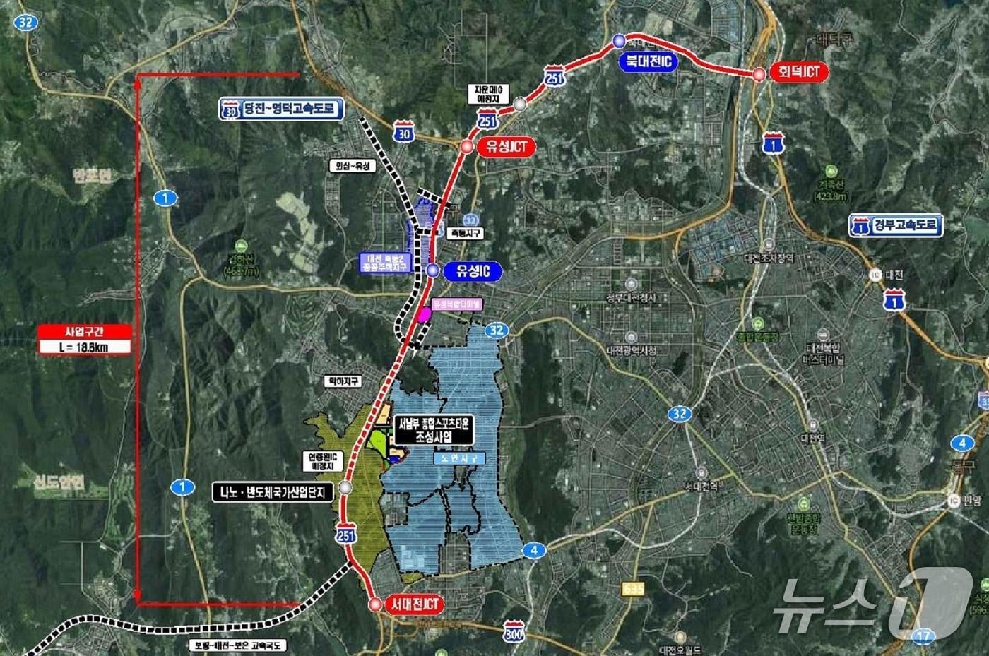 본문 이미지 - .호남고속도로지선 확장 위치도 (대전시 제공) / 뉴스1