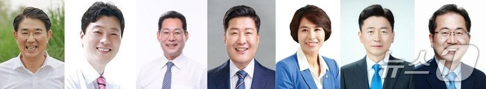 본문 이미지 - 내년 제9회 전국동시지방선거 순천시장선거 후부군. 왼쪽부터 노관규 순천시장, 서동욱 전 전남도의장,  손훈모 변호사, 오하근 전 민주당 순천시장 후보, 이복남 조국당순천시지역위원장, 이성수 진보당전남도당위원장, 허석 전 순천시장 / 뉴스1 ⓒ News1