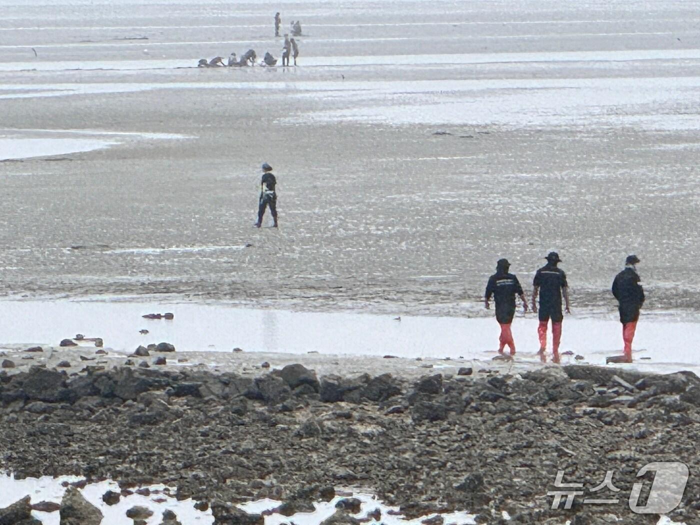 본문 이미지 - 5일 태안 남면 진산리 갯벌에서 해경이 해루질 중 숨진 70대 여성을 발견한 뒤 인양하고 있는 모습. (태안해경 제공, 재판매 및 DB금지) / 뉴스1 