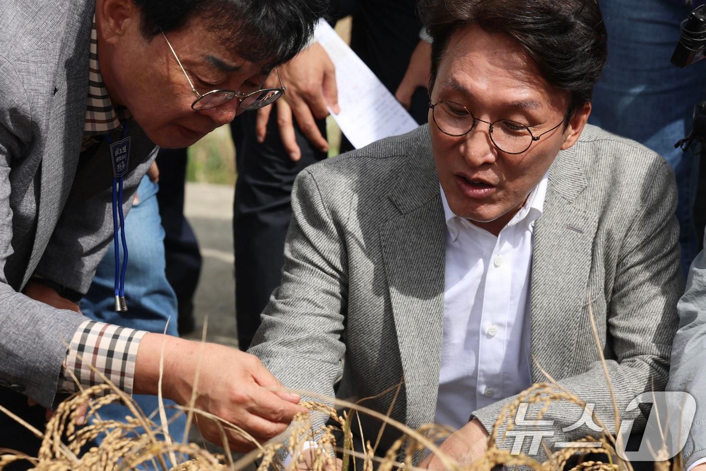 김민석 국무총리가 7일 오후 전남 장흥군 안양면 해창리 일원을 방문, ‘벼 깨씨무늬병’ 피해 현장을 점검하고 있다. &#40;총리실 제공. 재판매 및 DB 금지&#41; 2025.10.7/뉴스1 ⓒ News1 임세영 기자