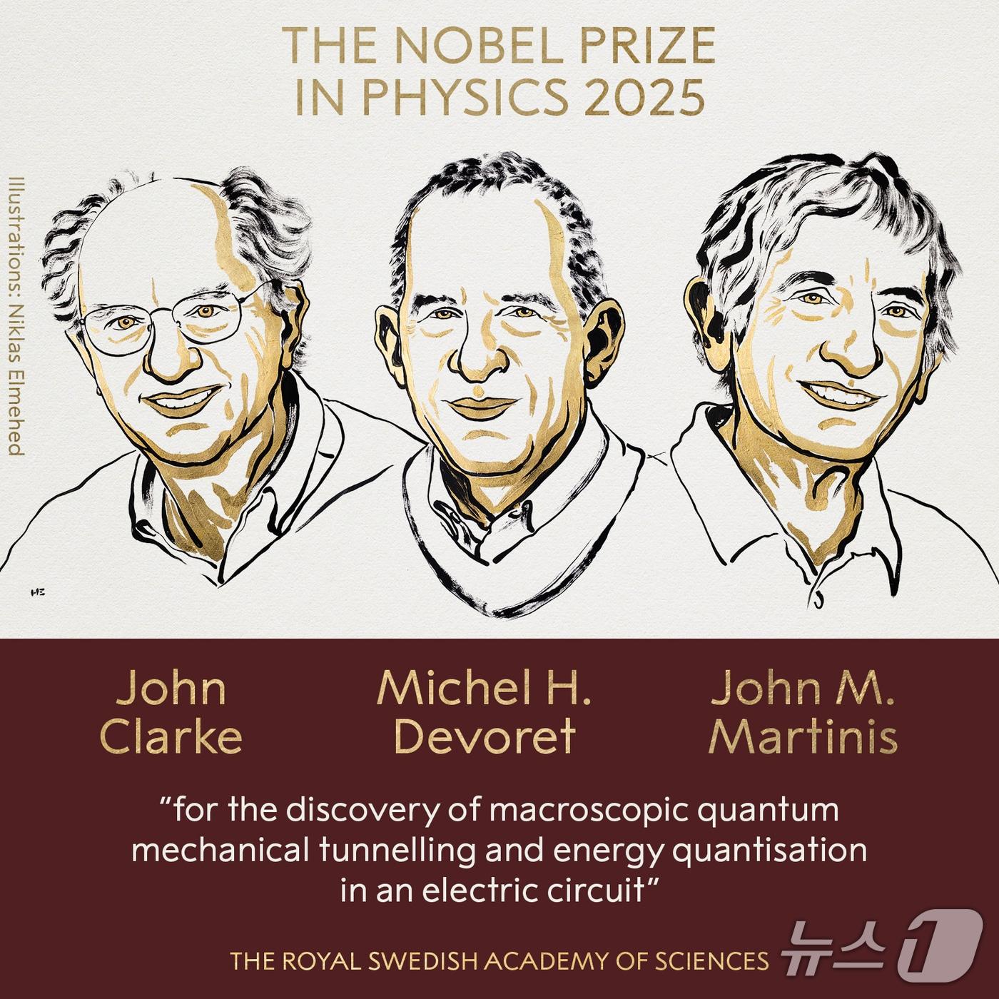 본문 이미지 - 2025년 노벨 물리학상 수상자. 왼쪽부터 존 클라크,  미셸 데보럿, 존 마티니스. &#40;노벨위원회 제공&#41;