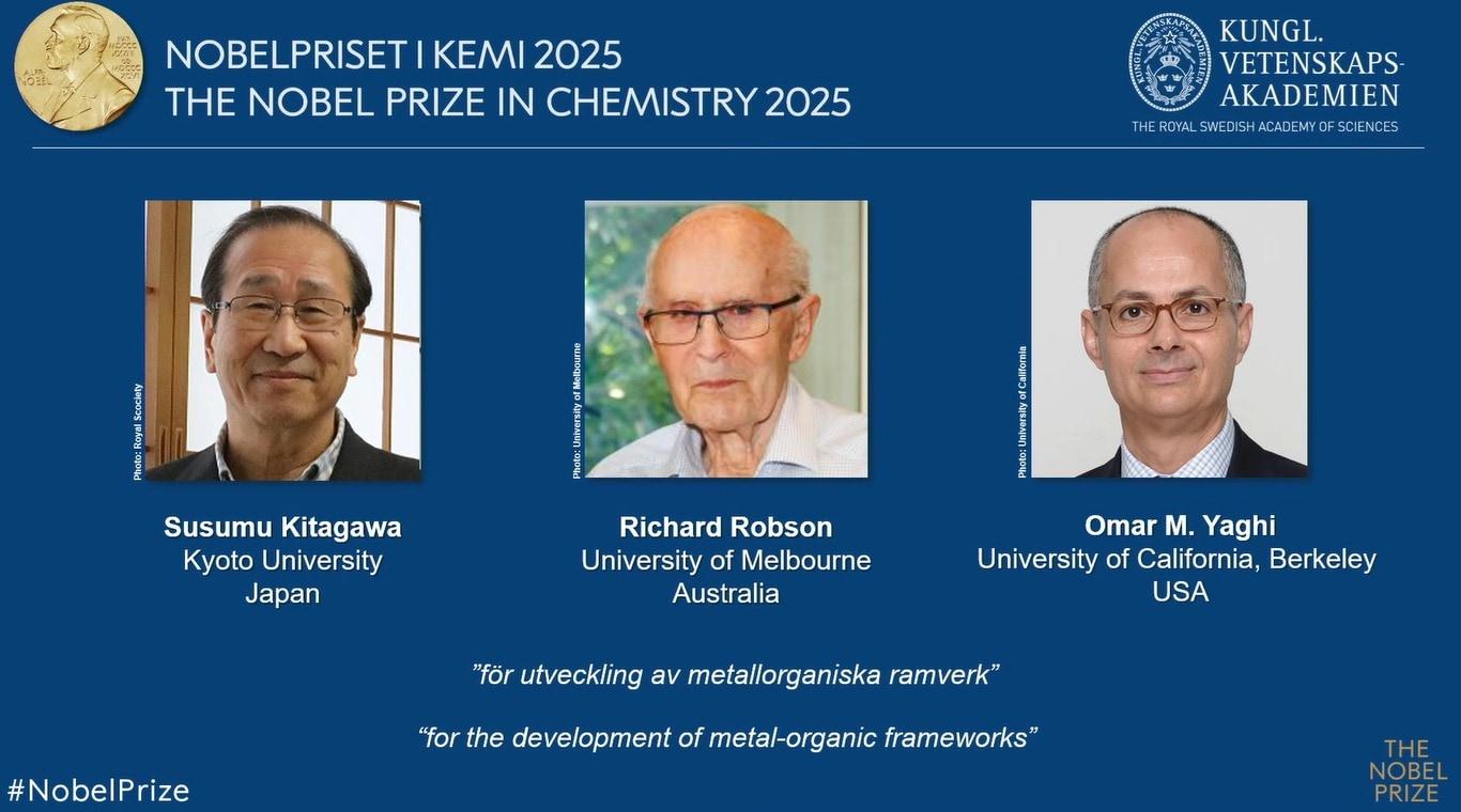 본문 이미지 - 왼쪽부터 기타가와 스스무 일본 교토대학 교수와 리처드 롭슨 호주 멜버른 대학교 교수, 오마르 M.야기 미국 캘리포니아 대학교 버클리 캠퍼스 교수. (노벨위원회 유튜브 캡쳐)