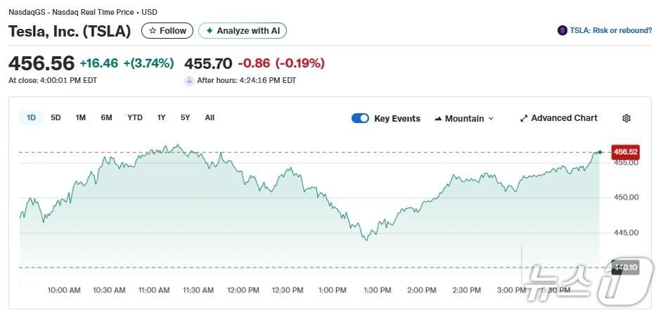본문 이미지 - 테슬라 일일 주가추이 - 야후 파이낸스 갈무리