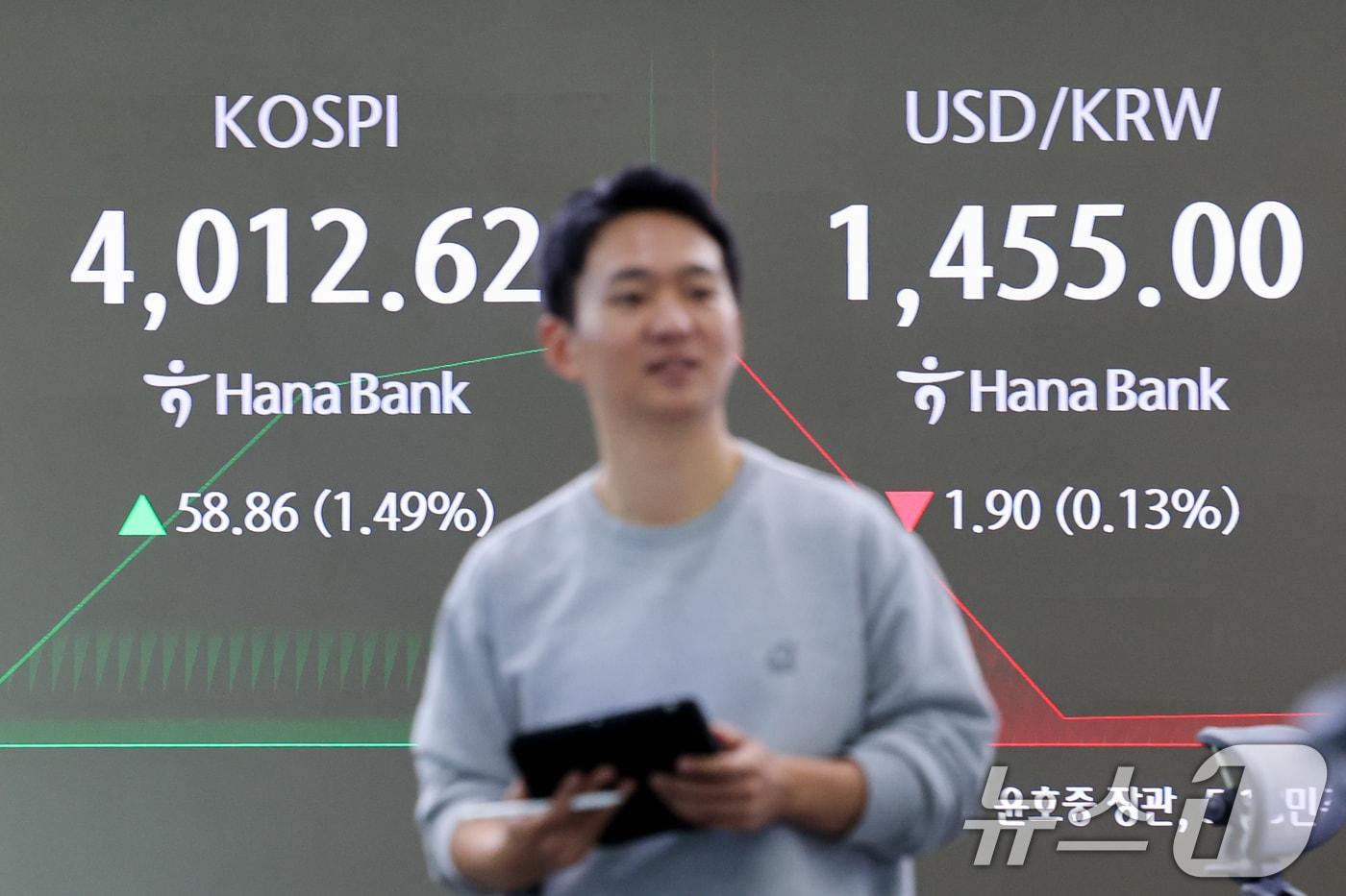 10일 오전 서울 중구 하나은행 본점 딜링룸 전광판에 코스피, 코스닥 지수와 달러·원 환율이 나오고 있다. 이날 코스피는 38.11포인트&#40;0.96%&#41; 오른 3991.87로 출발했다. 2025.11.10/뉴스1 ⓒ News1 안은나 기자