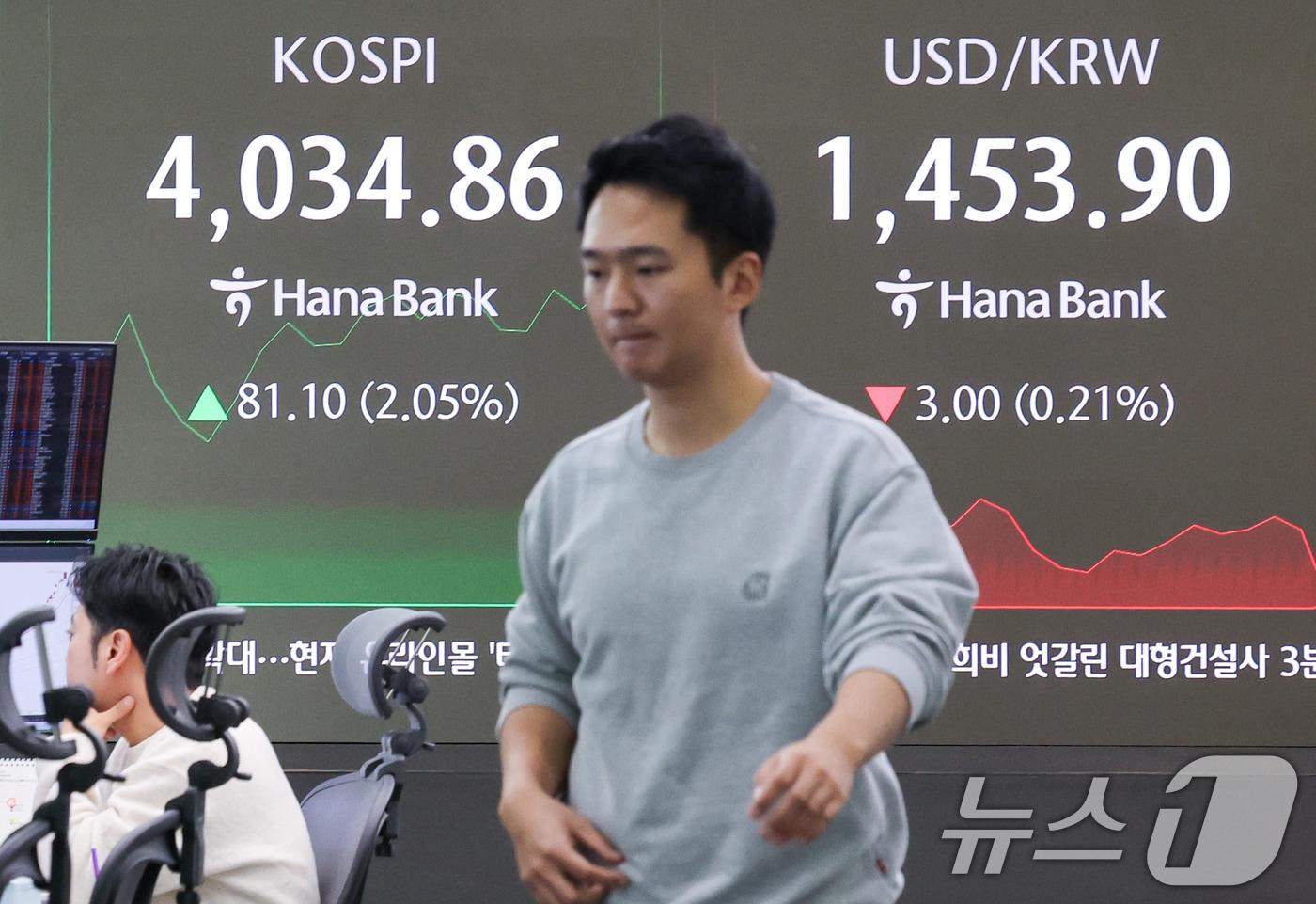 10일 오전 서울 중구 하나은행 본점 딜링룸 전광판에 코스피, 코스닥 지수와 달러·원 환율이 나오고 있다. 이날 코스피는 38.11포인트&#40;0.96%&#41; 오른 3991.87로 출발했다. 2025.11.10/뉴스1 ⓒ News1 안은나 기자