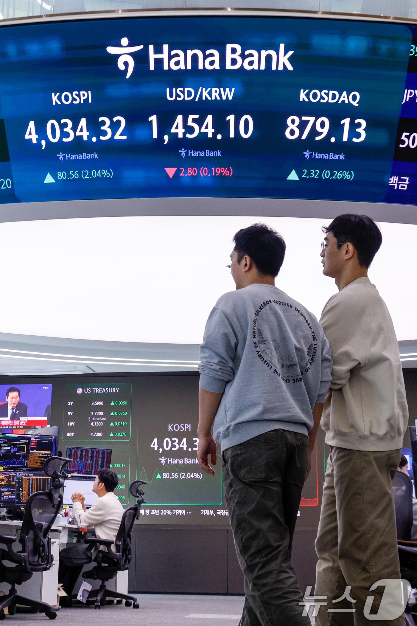 본문 이미지 - 10일 오전 서울 중구 하나은행 본점 딜링룸 전광판에 코스피, 코스닥 지수와 달러·원 환율이 나오고 있다. 이날 코스피는 38.11포인트(0.96%) 오른 3991.87로 출발했다. 2025.11.10/뉴스1 ⓒ News1 안은나 기자