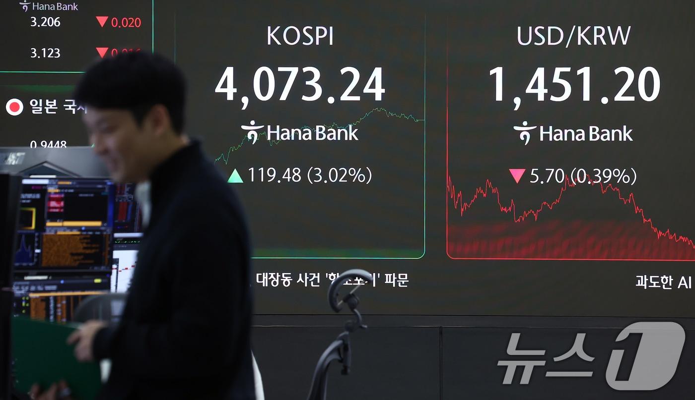 10일 오후 서울 중구 하나은행 본점 딜링룸 전광판에 종가가 나오고 있다. 2025.11.10/뉴스1 ⓒ News1 김민지 기자
