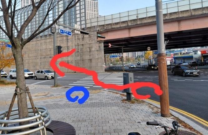 본문 이미지 - &#40;파란색 원&#41; 제보자가 서 있던 위치, &#40;빨간색 선&#41; 배달 기사원이 서 있던 위치. 보배드림 갈무리