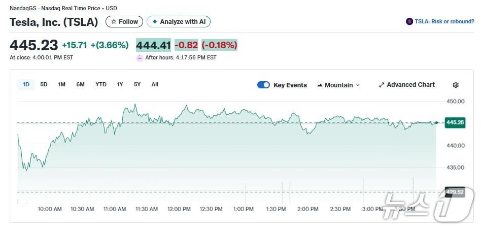 본문 이미지 - 테슬라 일일 주가추이 - 야후 파이낸스 갈무리