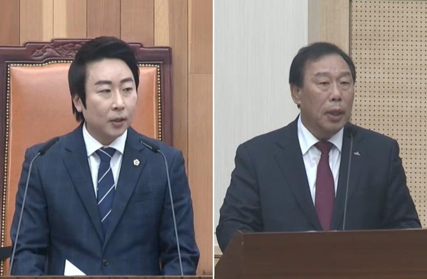 본문 이미지 - 임채성 세종시의장&#40;왼쪽&#41;과 최민호 세종시장. / 시의회 유튜브 캡처