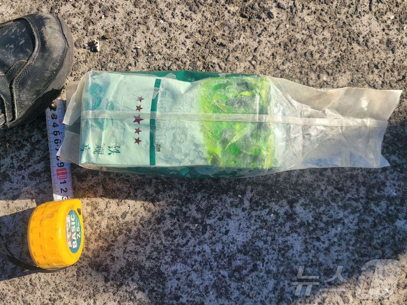 본문 이미지 - 지난해 11월11일 오전 9시쯤 제주시 구좌읍 월정리 해변에서  발견된 초록색 우롱차(茶) 봉지로 포장된 약 1㎏의 마약류.(제주지방해양경찰청 제공. 재판매 및 DB 금지) ⓒ News1