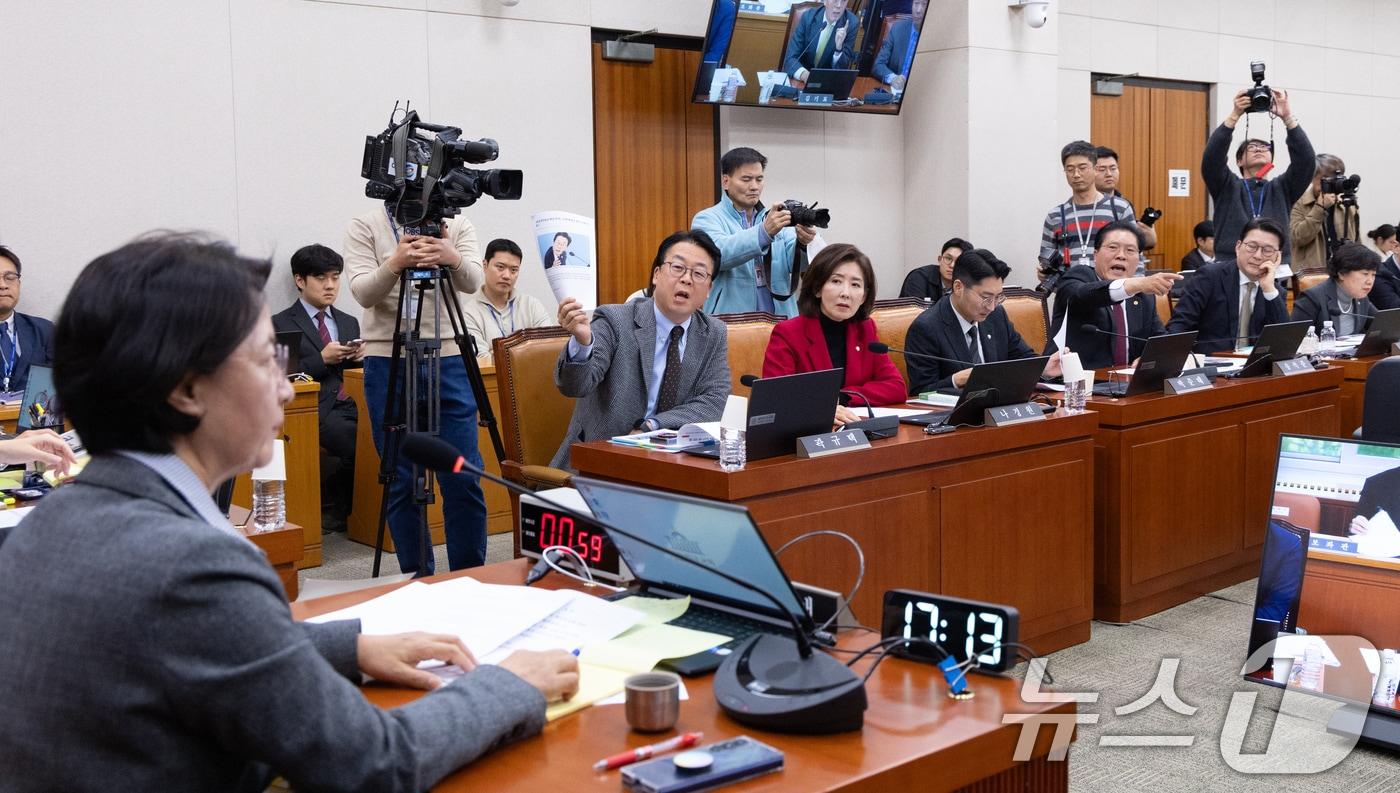 11일 서울 여의도 국회에서 열린 제429회국회&#40;정기회&#41; 법제사법위원회 제13차 전체회의에서 국민의힘 위원들이 대장동 사건 항소 포기 관련 현안질의 및 증인 채택 등에 대해 항의하고 있다. 2025.11.11/뉴스1 ⓒ News1 이승배 기자