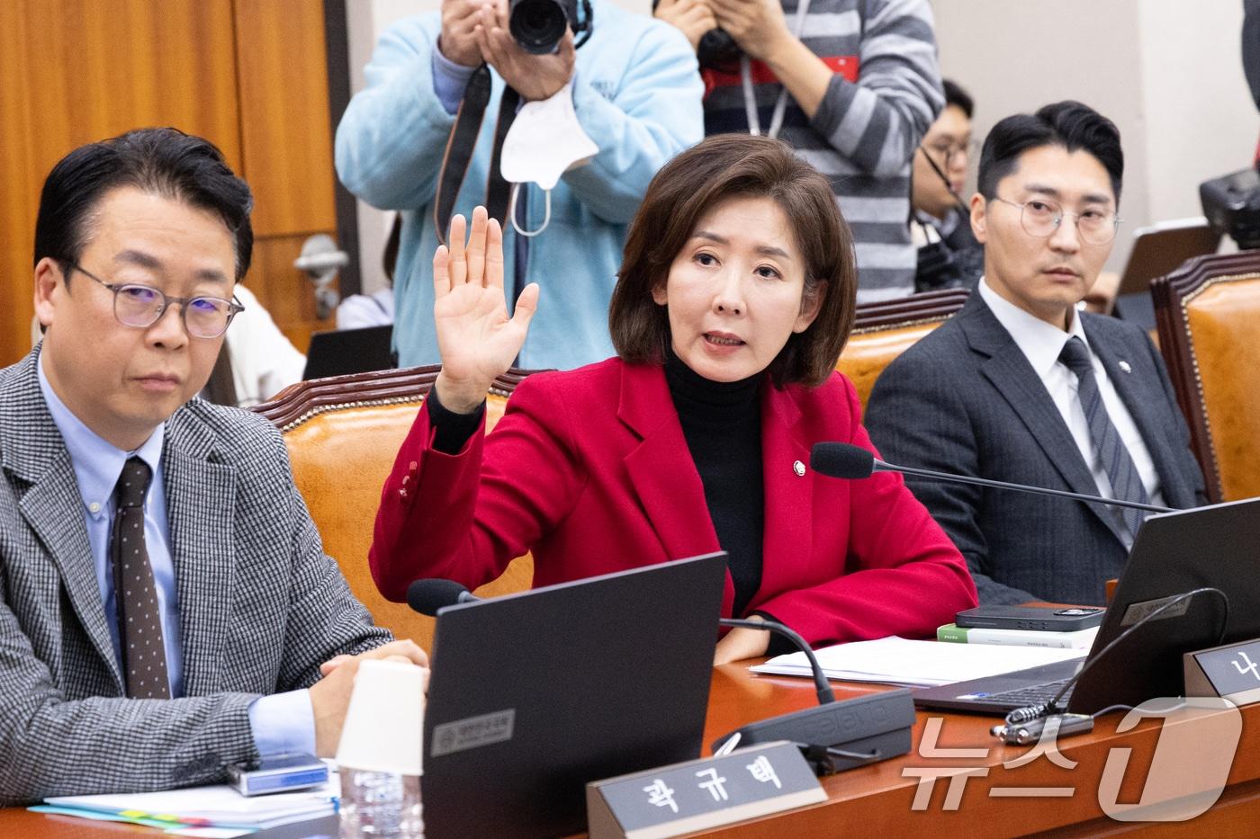 나경원 국민의힘 의원이 11일 서울 여의도 국회에서 열린 제429회국회&#40;정기회&#41; 법제사법위원회 제13차 전체회의에서 발언권을 신청하고 있다. 2025.11.11/뉴스1 ⓒ News1 이승배 기자