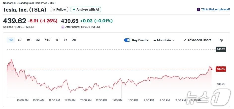 본문 이미지 - 테슬라 일일 주가추이 - 야후 파이낸스 갈무리