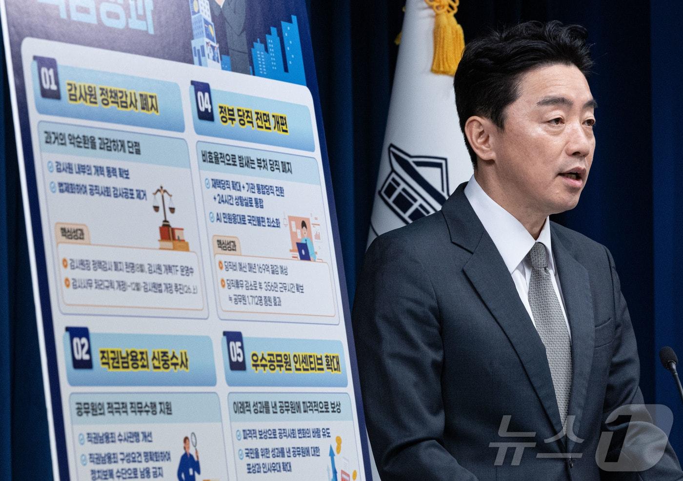 강훈식 대통령 비서실장이 12일 서울 용산 대통령실 청사에서 공직 활력 제고 추진 성과 및 공직 역량 강화 향후 계획 관련 브리핑을 하고 있다. 2025.11.12/뉴스1 ⓒ News1 이재명 기자