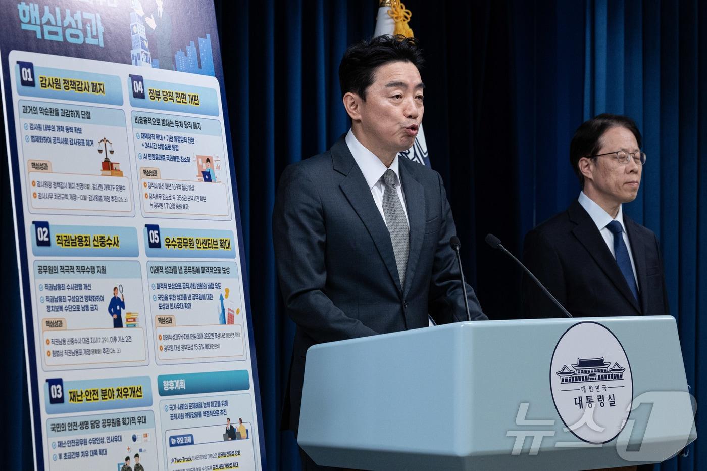 강훈식 대통령 비서실장이 12일 서울 용산 대통령실 청사에서 공직 활력 제고 추진 성과 및 공직 역량 강화 향후 계획 관련 브리핑을 하고 있다. 2025.11.12/뉴스1 ⓒ News1 이재명 기자