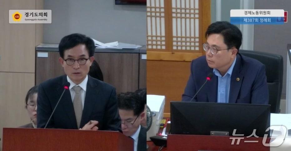 본문 이미지 - 이용욱 경기도의회 의원&#40;민주·파주3, 오른쪽&#41;이 경기기술학교 취업 전문 과정 교육생 116명 중 북부권 거주자가 4% 수준에 불과하다며 &#39;북부 분원&#39; 설립을 촉구했다.&#40;경기도의회 생중계 캡처&#41;/