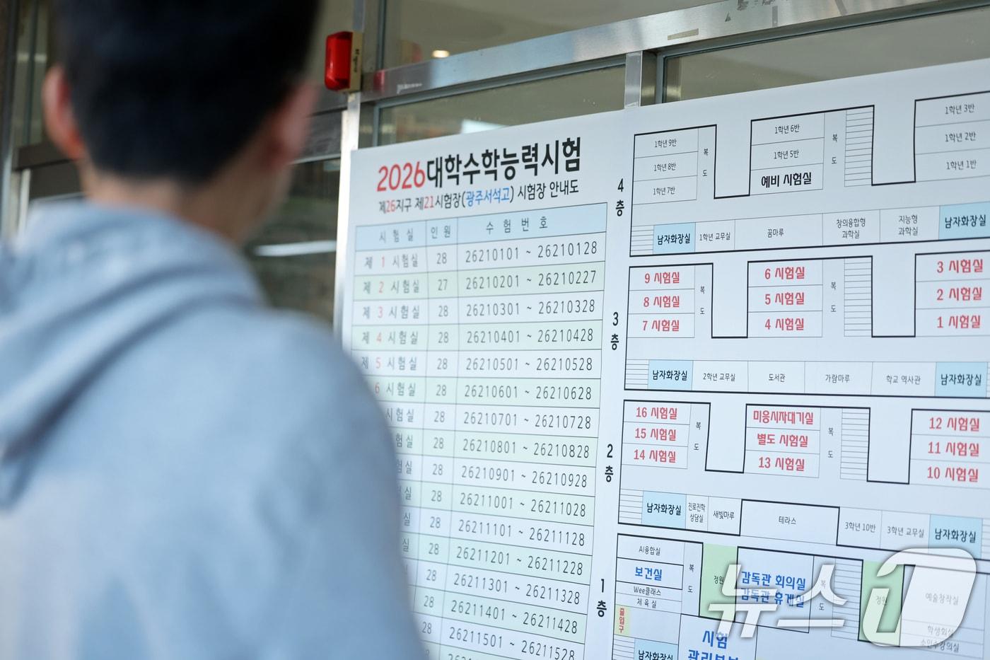 2026학년도 대학수학능력시험일인 13일 오전 광주시 교육청 26지구 제21시험장인 광주 서석고등학교에서 한 수험생이 시험장 안내도를 살펴보고 있다. 2025.11.13/뉴스1 ⓒ News1 이승현 기자
