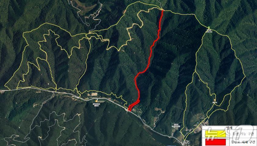 본문 이미지 - 제천시 용두산 등산로. 빨강색 줄이 정비공사 구간이다.&#40;제천시 제공. 재판매 및 DB금지&#41; /뉴스1  
