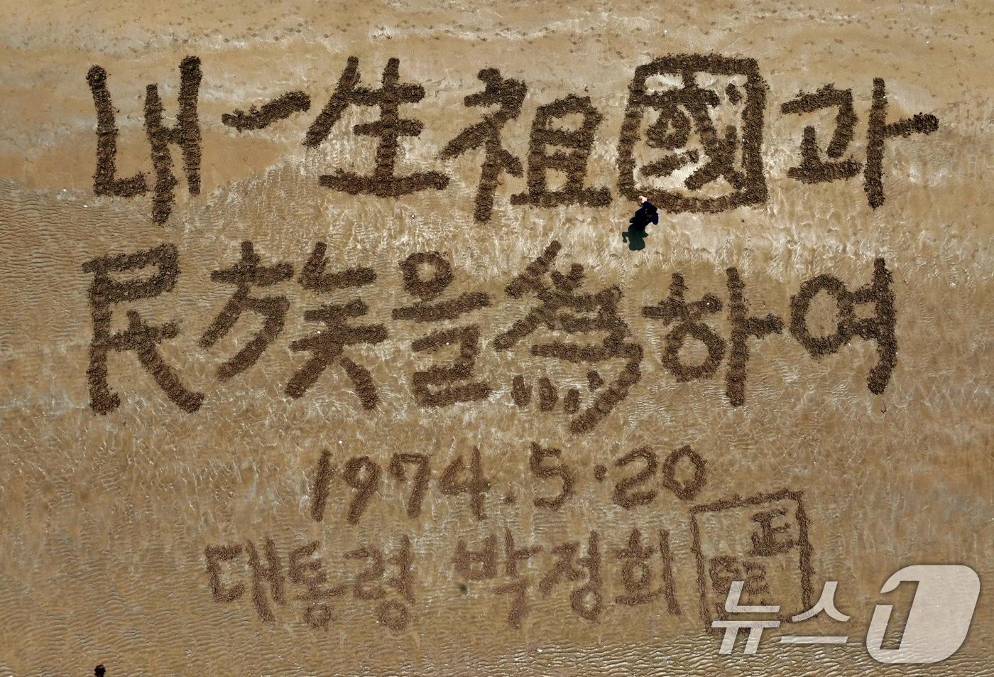 서예가 김동욱 씨가 13일 오후 경북 포항시 송도동 해수욕장 백사장에서 박정희 대통령 탄생 108주년을 맞아 박 대통령의 어록을 쓰고 있다.&#40;서예가 김동욱 씨제공&#41; 2025.11.13/뉴스1 ⓒ News1 최창호 기자