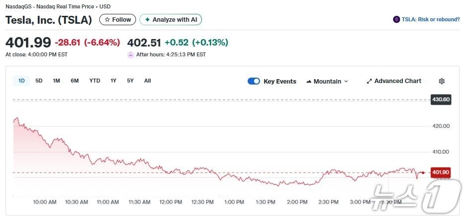 본문 이미지 - 테슬라 일일 주가추이 - 야후 파이낸스 갈무리