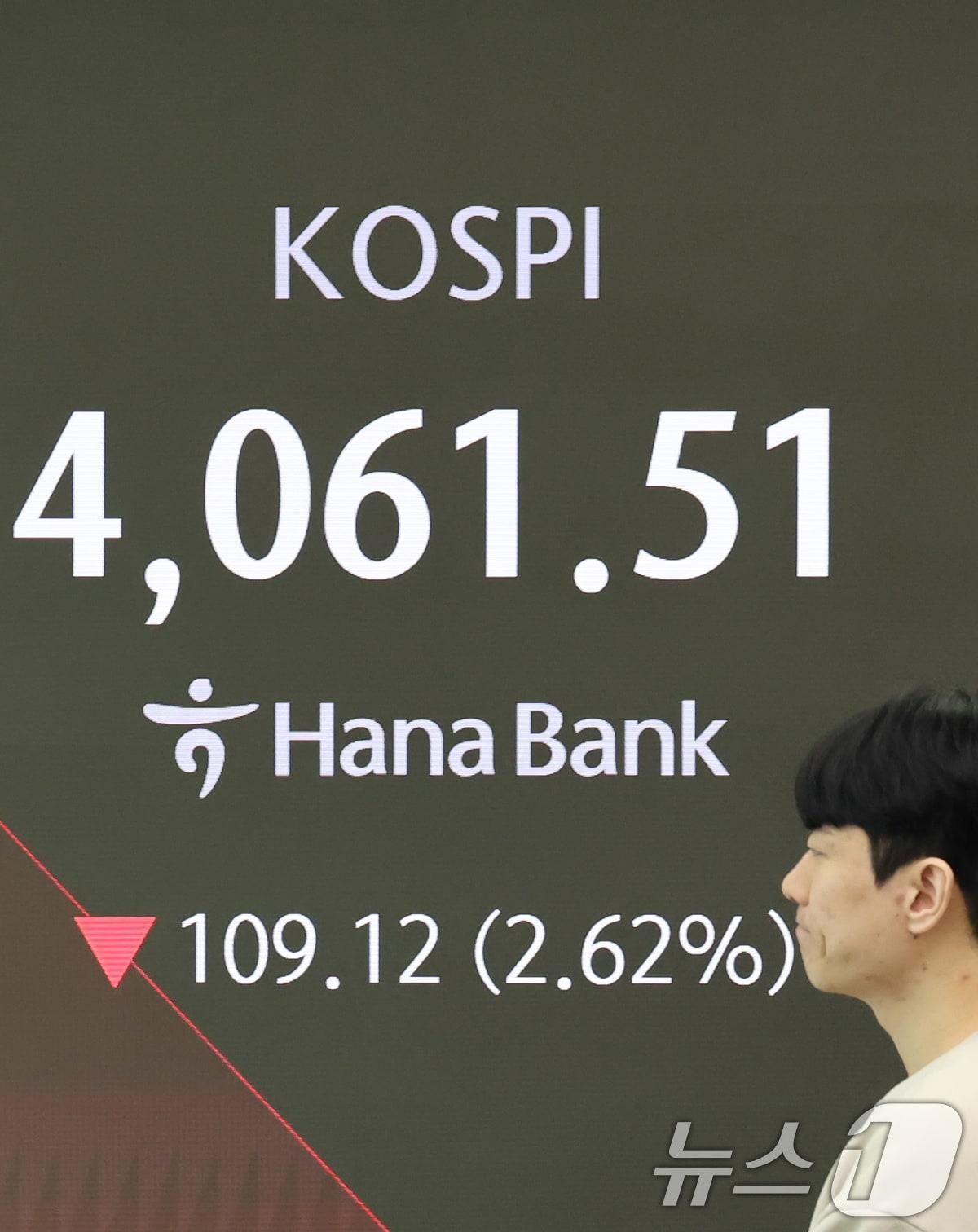 본문 이미지 - 14일 오전 서울 중구 하나은행 딜링룸 전광판에 코스피 시황이 표시되고 있다. 전일 종가 대비 코스피는 108.72p&#40;2.61%&#41; 내린 4061.91로, 코스닥은 17.95p&#40;1.95%&#41; 내린 900.42로 개장했다. 서울외환시장에서 달러·원 환율은 전일 오후 3시 30분 주간종가 대비 4.2원 오른 1471.9원에 출발했다. 2025.11.14/뉴스1 ⓒ News1 장수영 기자