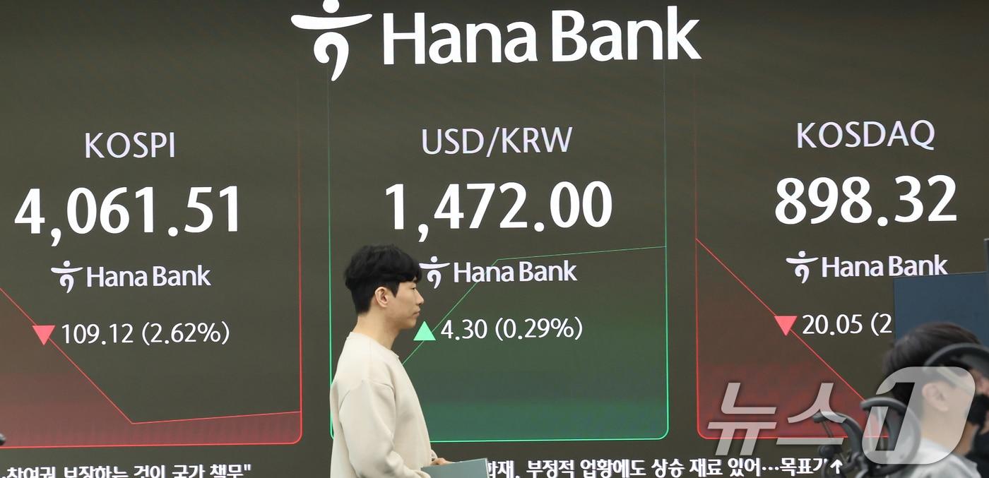 14일 오전 서울 중구 하나은행 딜링룸 전광판에 코스피와 코스닥, 환율 시황이 표시되고 있다. /뉴스1 ⓒ News1 장수영 기자