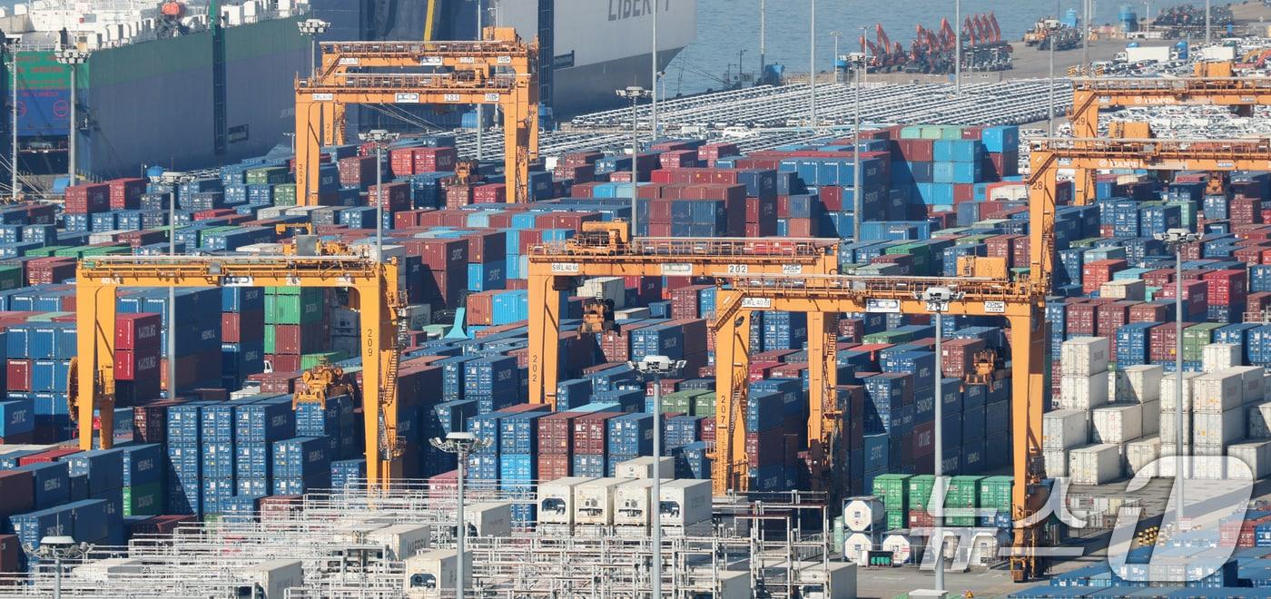 14일 경기 평택시 포승읍 평택항에 수출용 컨테이너들이 쌓여있는 모습. 2025.11.14/뉴스1 ⓒ News1 김영운 기자