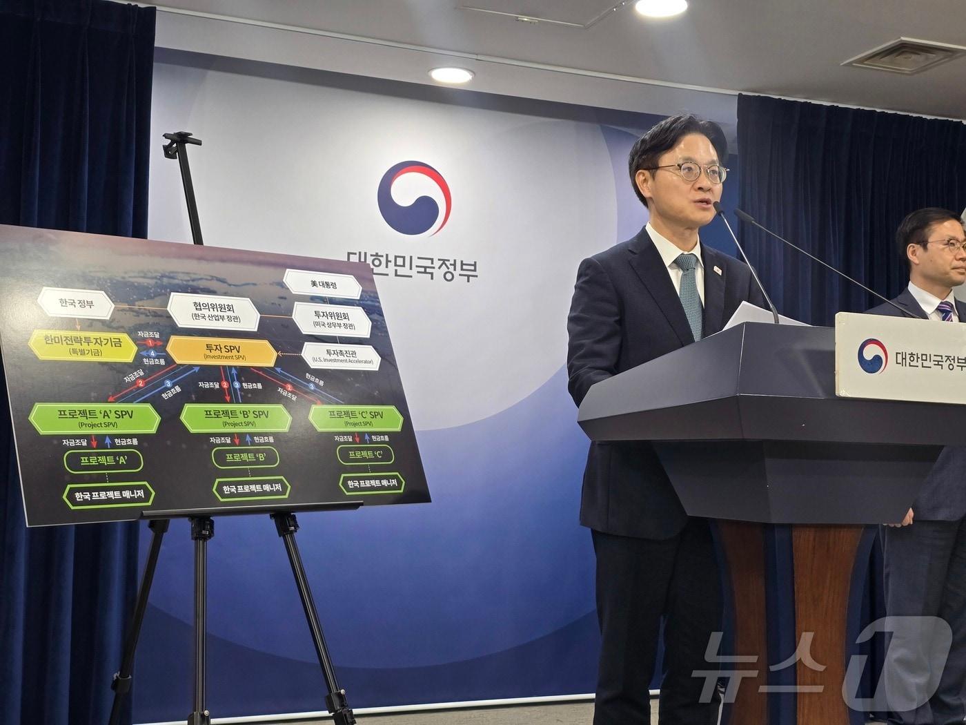 본문 이미지 - 김정관 산업통상부 장관이 14일 한미 전략적 투자 관련 양해각서 서명과 관련해 정부서울청사에서 이행방안 등을 소개하고 있다. 2025.11.14/뉴스1 ⓒ News1 황덕현 기후환경전문기자