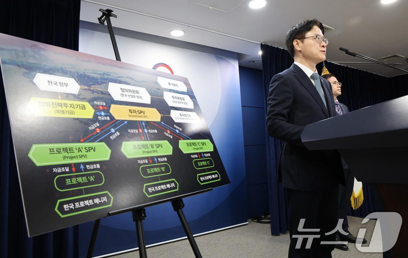 김정관 산업통상부 장관과 여한구 통상교섭본부장이 14일 서울 종로구 정부서울청사에서 한미 관세협상 팩트시트 및 MOU 관련 브리핑을 하고 있다. 2025.11.14/뉴스1 ⓒ News1 임세영 기자