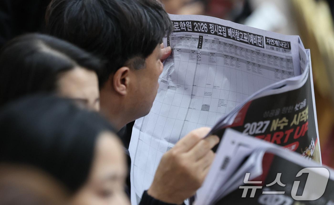 14일 오후 서울 광진구 세종대에서 열린 종로학원 2026학년도 수능점수 분석 및 정시 합격점수예측 긴급설명회를 찾은 학부모가 정시모집 배치참고표를 살펴보고 있다. 2025.11.14/뉴스1 ⓒ News1 장수영 기자