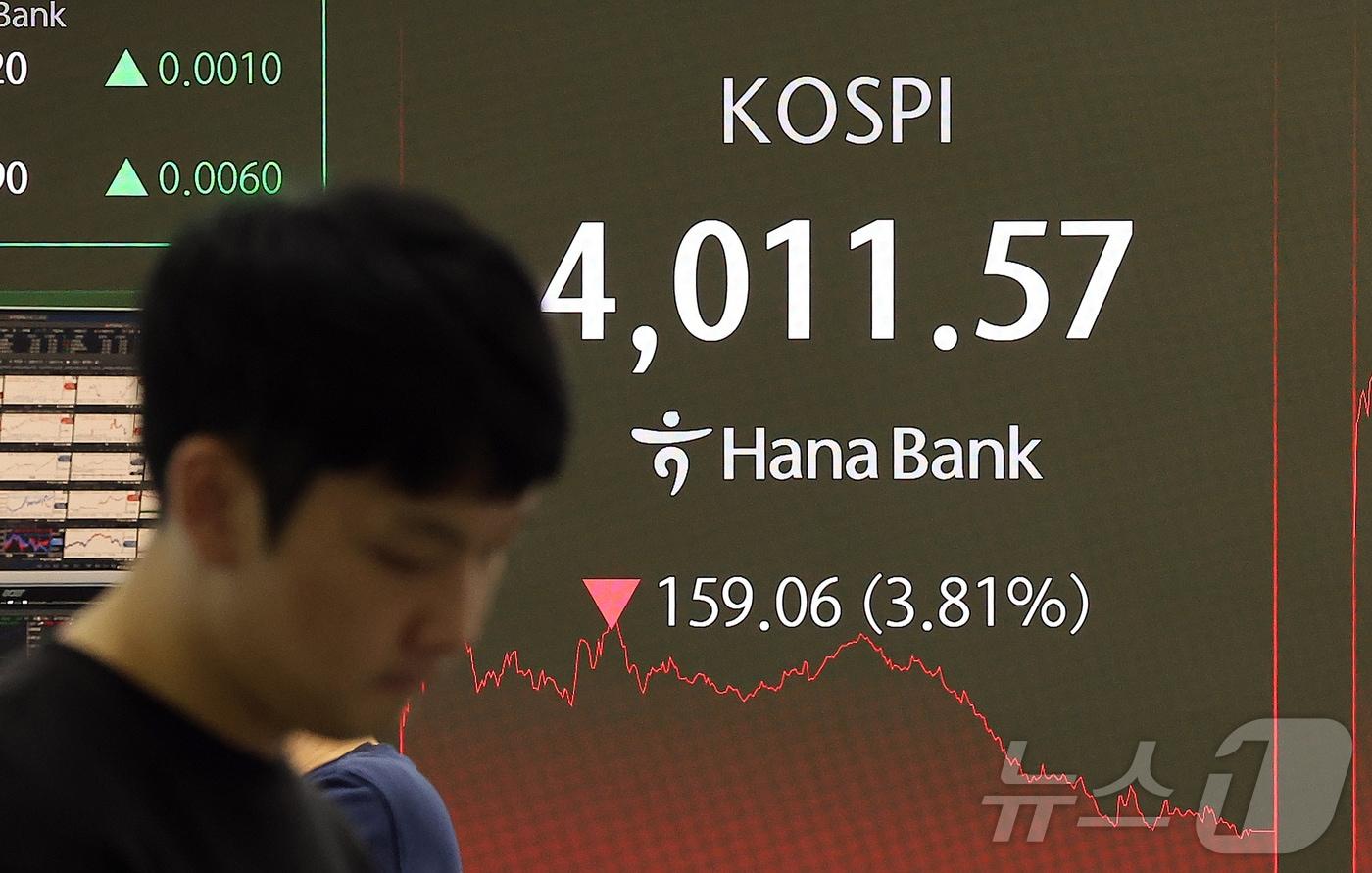 14일 오후 서울 중구 하나은행 본점 딜링룸 전광판에 증시 종가가 표시되고 있다. 이날 코스피 지수는 전 거래일 대비 159.06p&#40;3.81%&#41; 떨어진 4011.57로 장을 마감했다. 2025.11.14/뉴스1 ⓒ News1 김진환 기자