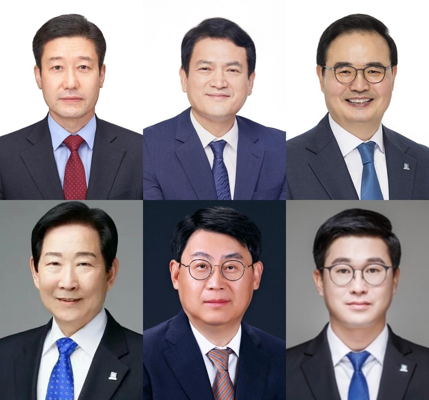 본문 이미지 -  왼쪽부터 시계방향으로 노승일 충주지역위원장, 김경욱 전 위원장, 맹정섭 전 위원장, 곽명환 충주시의원, 이태성 새로운충주포럼 대표, 우건도 전 충주시장./뉴스1