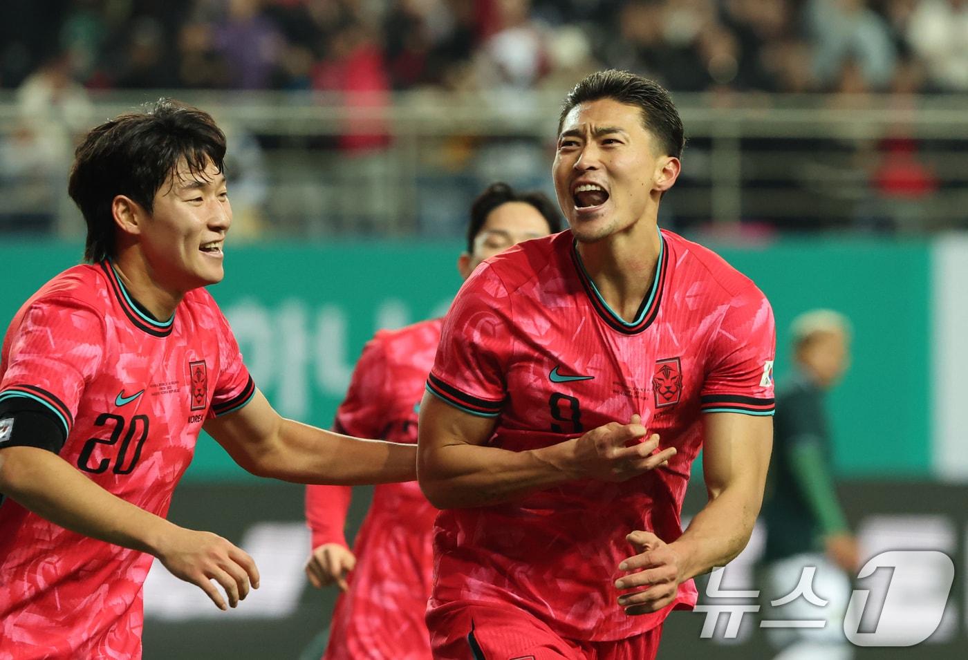 14일 오후 대전 유성구 대전월드컵경기장에서 열린 ‘하나은행 초청 국가대표팀 친선경기’ 대한민국과 볼리비아의 경기에서 조규성이 골을 넣고 기뻐하고 있다. ⓒ News1 김기태 기자