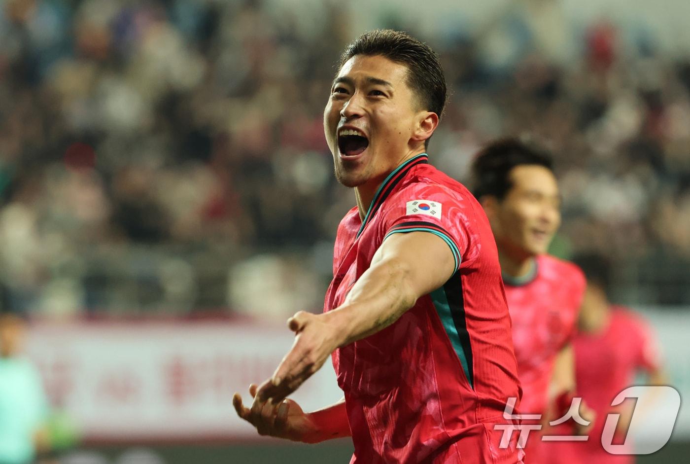 14일 오후 대전 유성구 대전월드컵경기장에서 열린 ‘하나은행 초청 국가대표팀 친선경기’ 대한민국과 볼리비아의 경기에서 골을 넣은 조규성이 기뻐하고 있다. 2025.11.14/뉴스1 ⓒ News1 김기태 기자