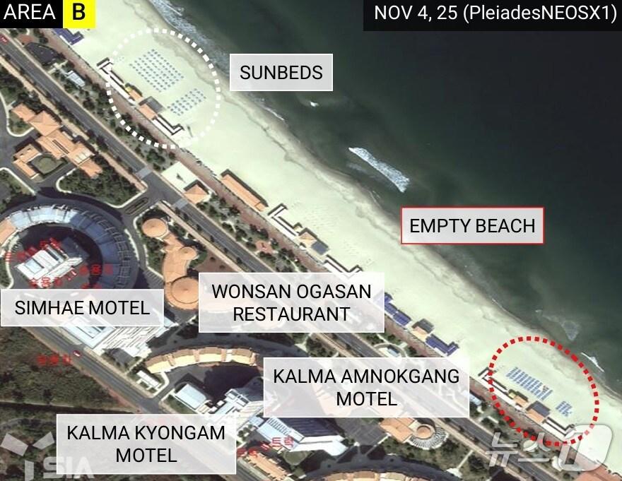 본문 이미지 - 국내 민간기업 SIA가 11월  4일 원산갈마해안관광지구를 촬영한 위성사진을 공개했다. 해변 일대가 텅 빈 모습. (SIA 보고서 갈무리)