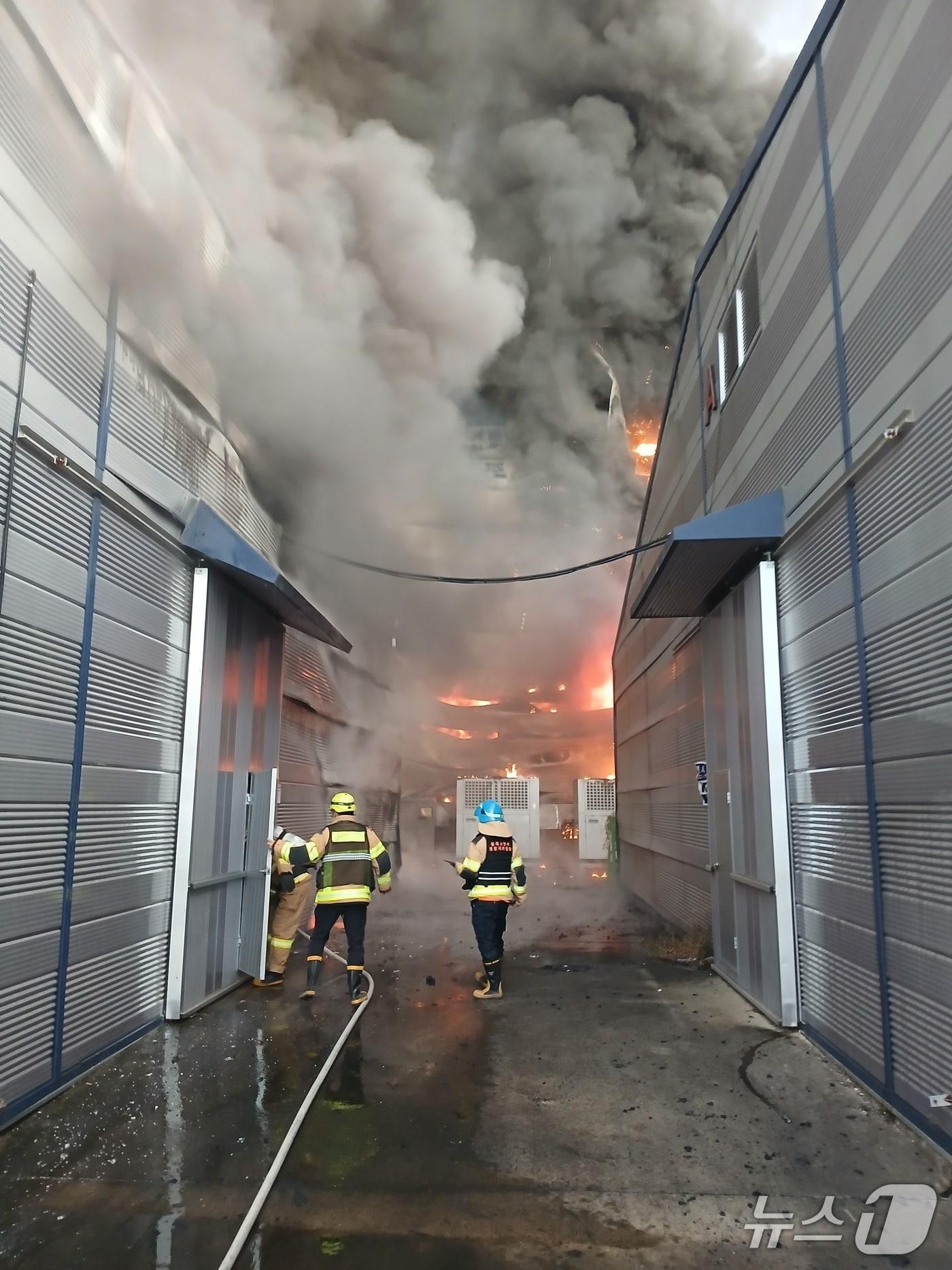 본문 이미지 - 16일 오전 7시10분쯤 경북 칠곡군 지천면의 저온 식품 물류창고에서 불이나 소방당국이 대응 1단계를 발령하고 진화에 나섰다.&#40;경북소방본부 제공. 재판매 및 DB 금지&#41;2025.11.16/뉴스1