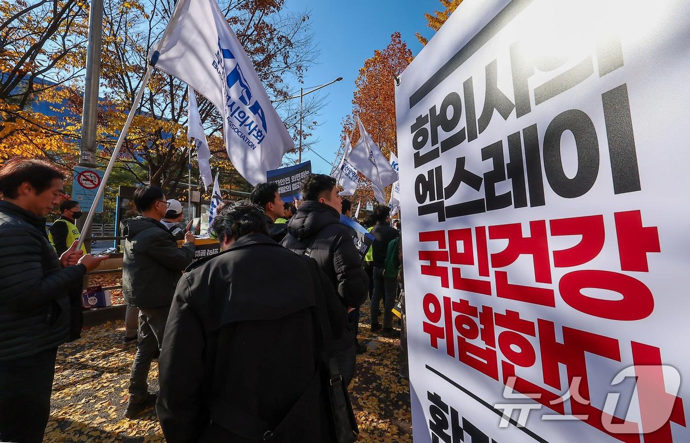 16일 서울 여의도 국회 앞에서 열린 국민건강수호 및 의료악법저지를 위한 &#39;전국의사 대표자 궐기대회&#39;에서 참석자들이 손피켓을 들고 있다. 2025.11.16/뉴스1 ⓒ News1 김성진 기자