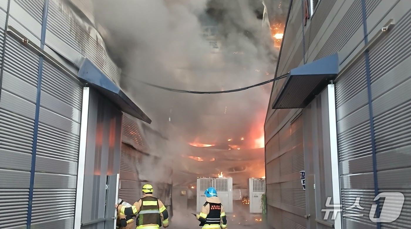 16일 오전 7시10분쯤 경북 칠곡군 지천면의 저온 식품 물류창고에서 불이 나 출동한 소방관들이 진화하고 있다. (경북 소방본부제공. 재판매 및 DB금지)/뉴스1