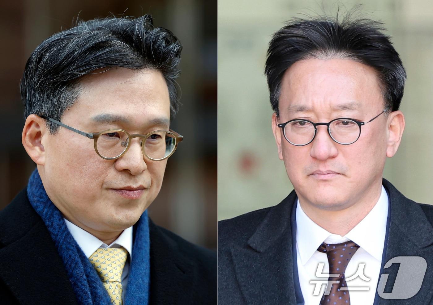 순직해병 수사방해 혐의를 받는 김선규 전 고위공직자범죄수사처 부장검사(왼쪽)과 송창진 전 고위공직자범죄수사처 수사2부장검사가 17일 서울 서초구 서울중앙지방법원에서 구속 전 피의자 심문(영장실질심사)을 받은 뒤 밖으로 나오고 있다. 2025.11.17/뉴스1 ⓒ News1 황기선 기자,박정호 기자